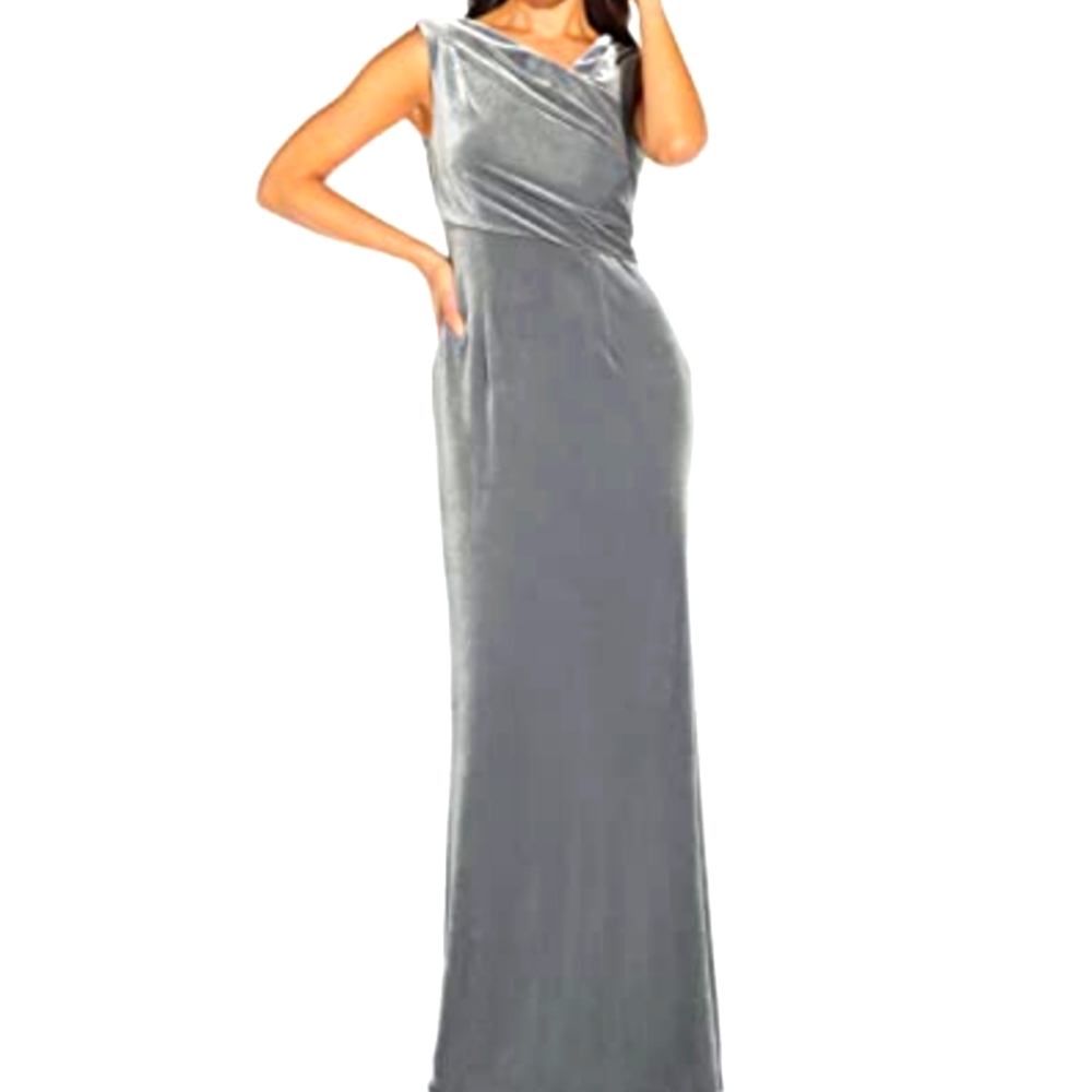Adrianna Papell Silver Stretch Velvet Mermaid Gown Dress SZ 12  Mother Of Bride